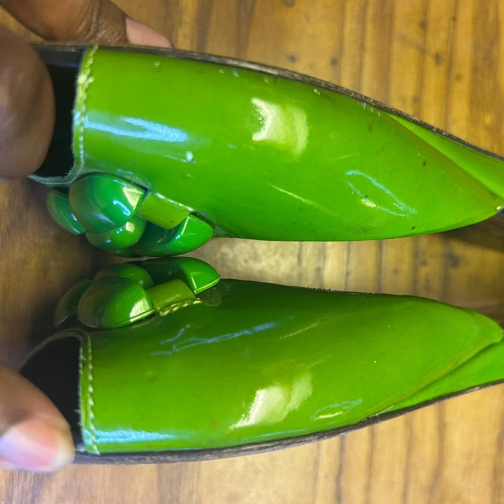 Robert Clergerie wmn 8.5 Green Patent‎ Leather Chain vtg Y2K kitten heel sandals